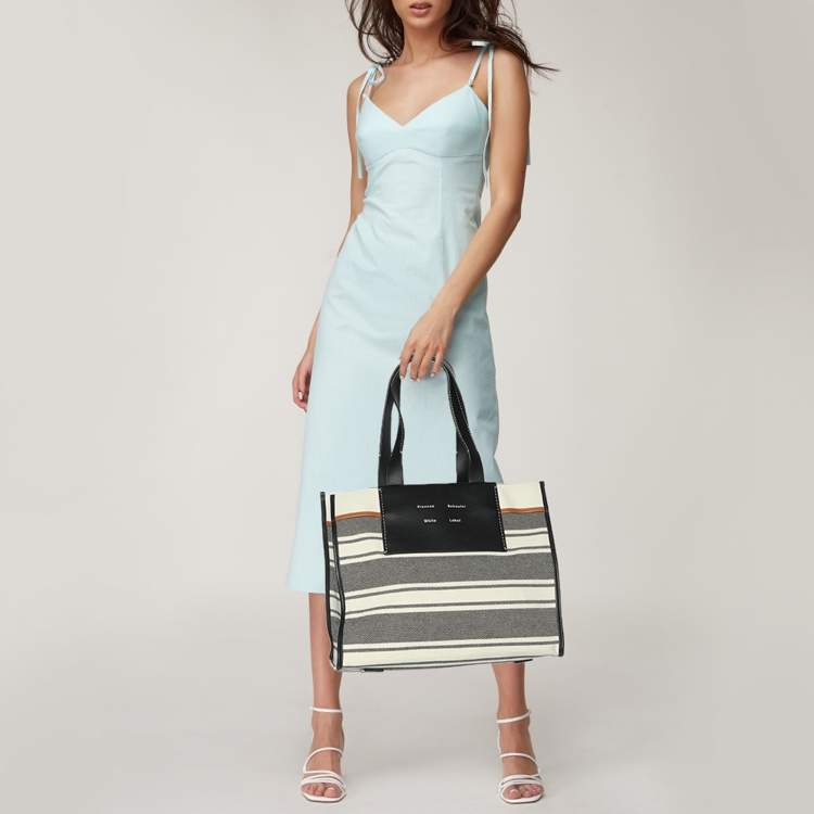 Pre Owned Proenza Schouler Monochrome Stripe Canvas and Leather Large Morris Tote 