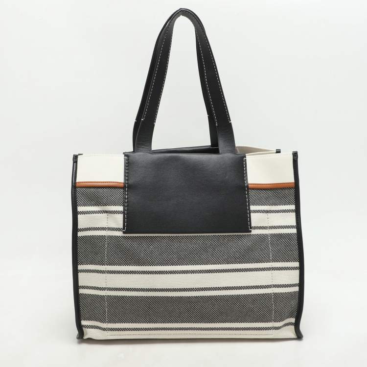 Pre Owned Proenza Schouler Monochrome Stripe Canvas and Leather Large Morris Tote 