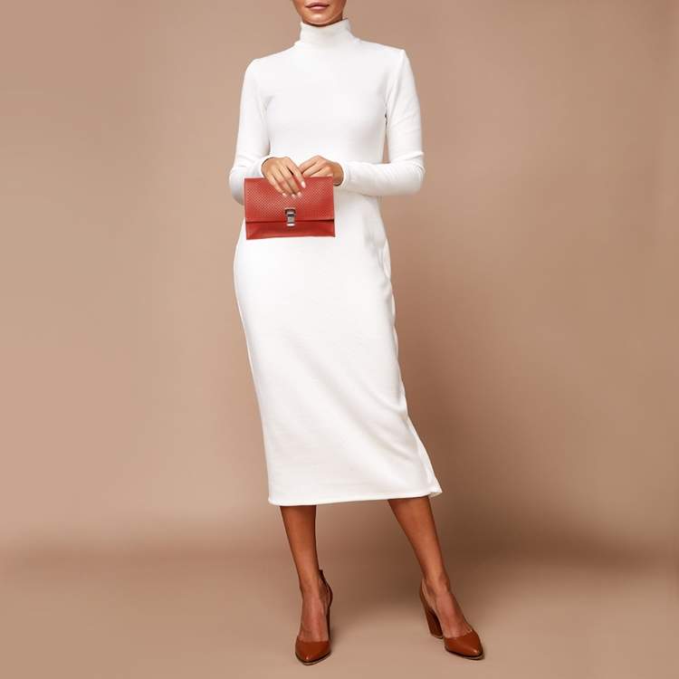 Pre Owned حقيبة كلتش بروينزا شولير جلد مثقبة برتقالية