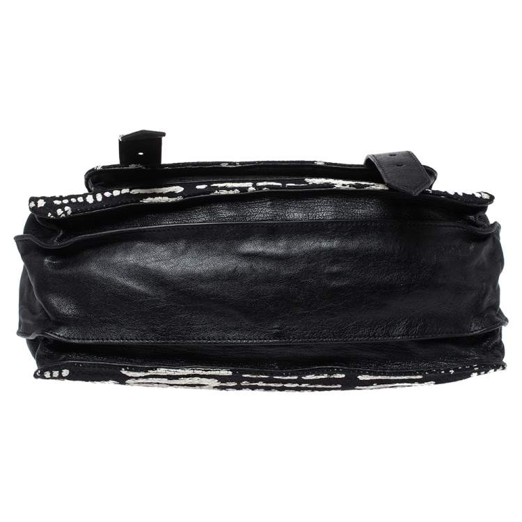 Pre Owned Pronza Schouler Black/White Leather and Canvas Medium PS1 Top Handle Bag