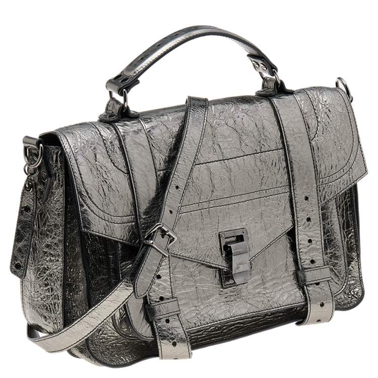 Pre Owned Proenza Schouler Metallic Silver Leather Medium PS1 Top Handle Bag