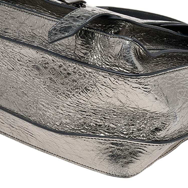 Pre Owned Proenza Schouler Metallic Silver Leather Medium PS1 Top Handle Bag