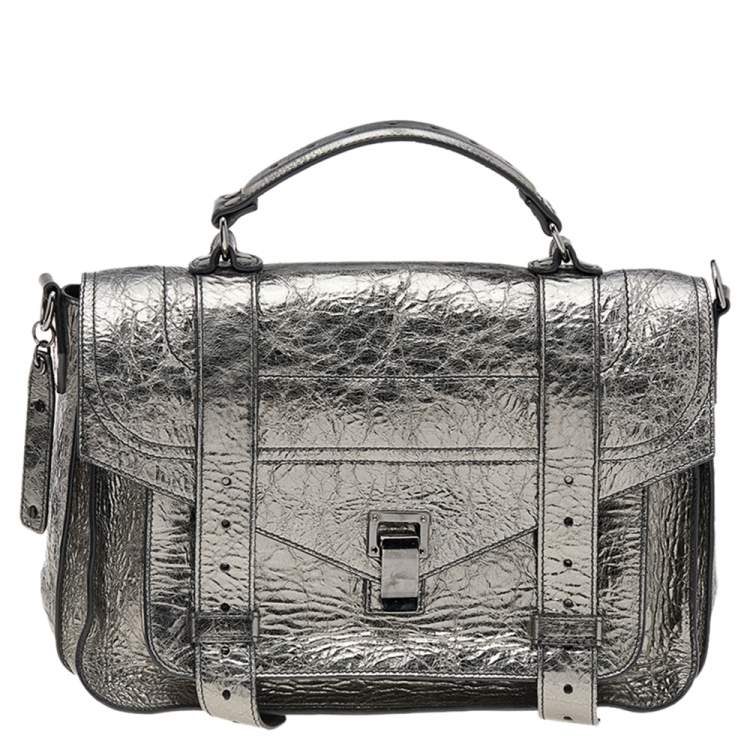 Pre Owned Proenza Schouler Metallic Silver Leather Medium PS1 Top Handle Bag