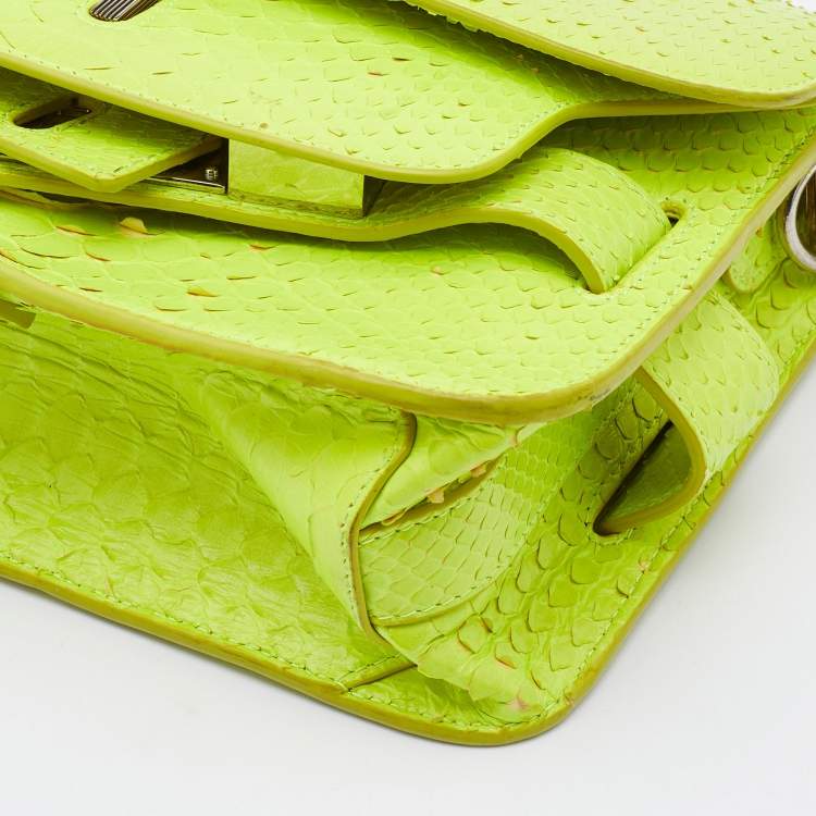 Pre Owned Proenza Schouler Neon Green Python Mini Classic PS11 Shoulder Bag