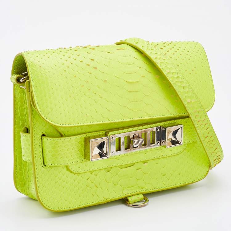 Pre Owned Proenza Schouler Neon Green Python Mini Classic PS11 Shoulder Bag