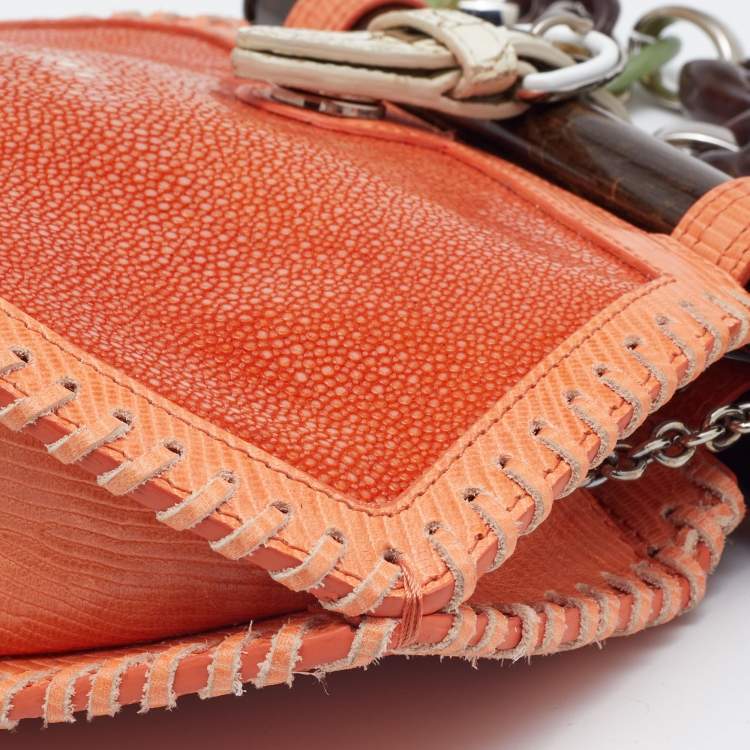 Pre Owned Proenza Schouler Orange/White Textured Leather and Stingray Tika Clutch Bag 