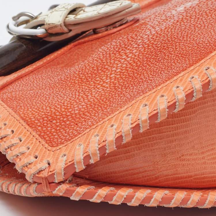 Pre Owned Proenza Schouler Orange/White Textured Leather and Stingray Tika Clutch Bag 