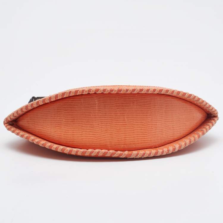 Pre Owned Proenza Schouler Orange/White Textured Leather and Stingray Tika Clutch Bag 