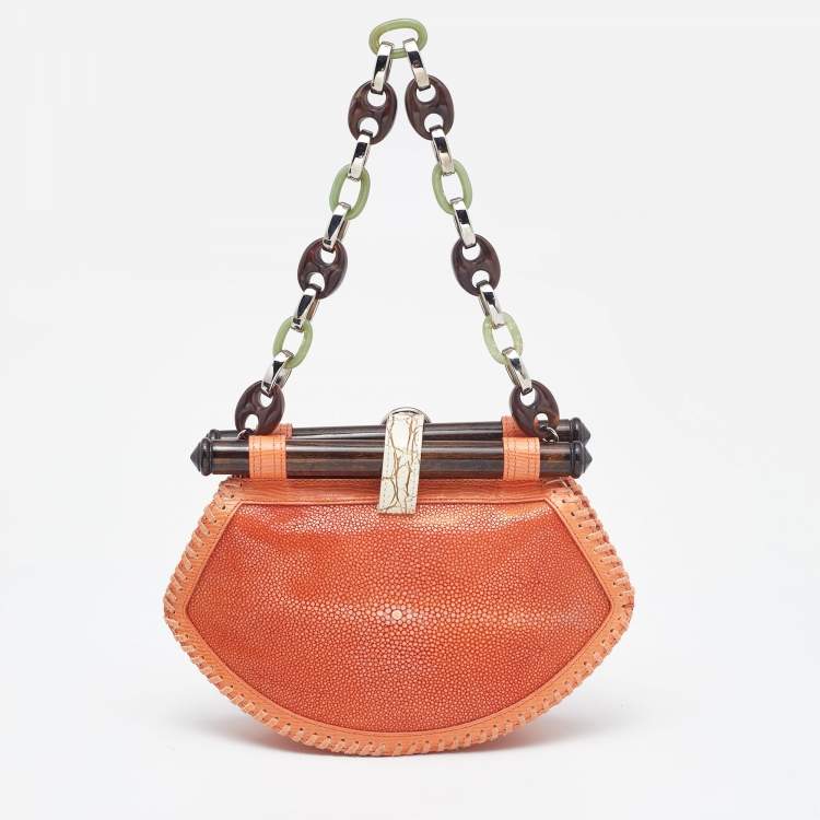 Pre Owned Proenza Schouler Orange/White Textured Leather and Stingray Tika Clutch Bag 