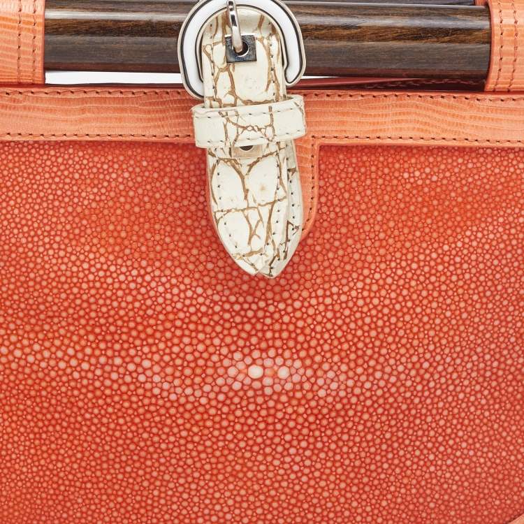 Pre Owned Proenza Schouler Orange/White Textured Leather and Stingray Tika Clutch Bag 