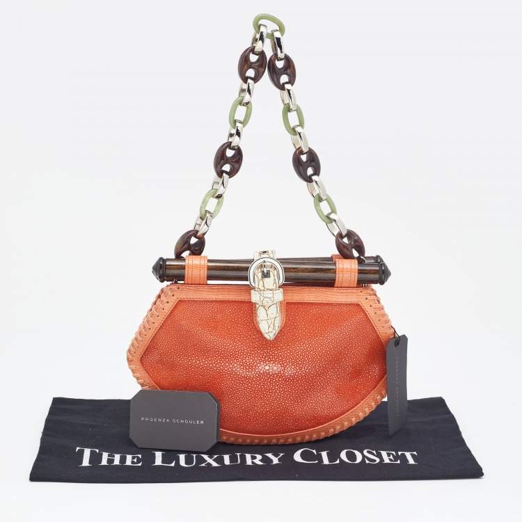 Pre Owned Proenza Schouler Orange/White Textured Leather and Stingray Tika Clutch Bag 