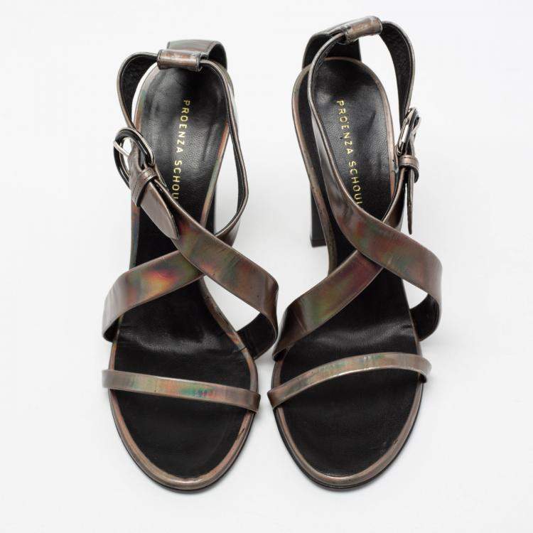 Pre Owned Proenza Schouler Metallic Patent Leather Iridescent Strappy Sandals Size 37.5