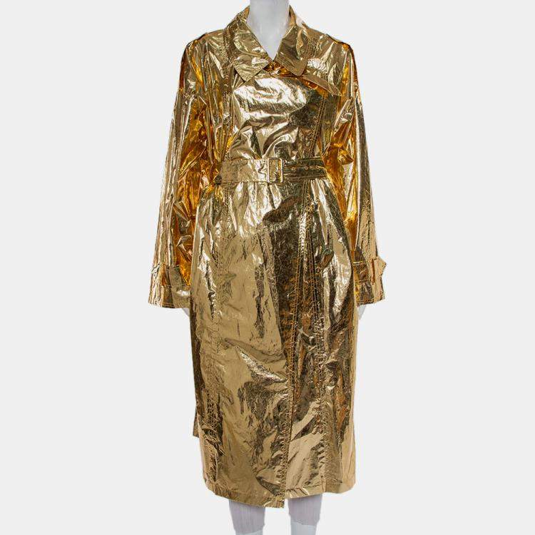 Push Button Metallic Gold Crinkled Synthetic Belted Oversized Trench ...