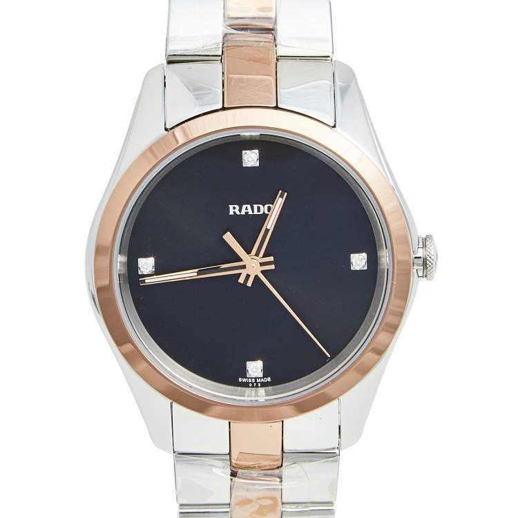 Pre Owned Rado Black Rose Gold Plated Ceramos Stainless Steel Diamond Hyperchrome R32976722 Women's Wristwatch 31 mm