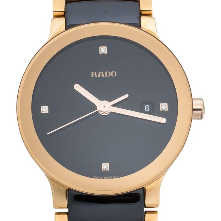 Pre Owned Rado Black Ceramic Gold PVD Coated Stainless Steel Diamond Centrix R30555712 Women's Wristwatch 28 mm