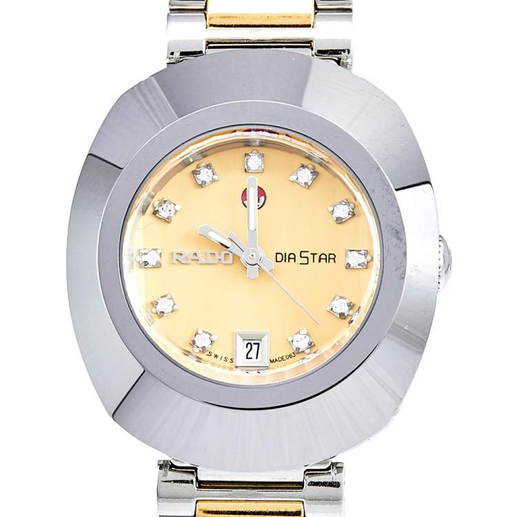 Pre Owned Rado Champagne Tungsten Carbide Two-Tone Stainless Steel Diamond Diastar R12403633 Women's Wristwatch 27 mm