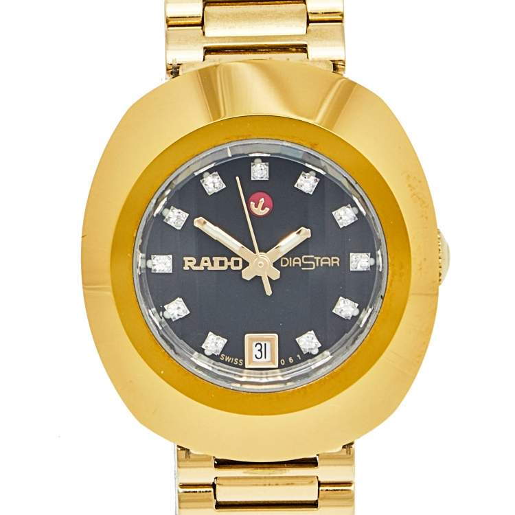 Pre Owned Rado Black Yellow Gold Plated Stainless Steel DiaStar R12416613 Women's Wristwatch 27 mm