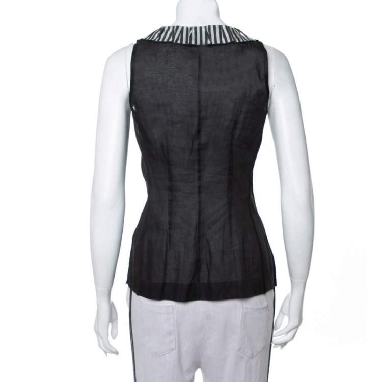 Pre Owned Louis Vuitton Black Polka Dot Printed Silk & Cotton Contrast Neck Detail Sleeveless Top XS