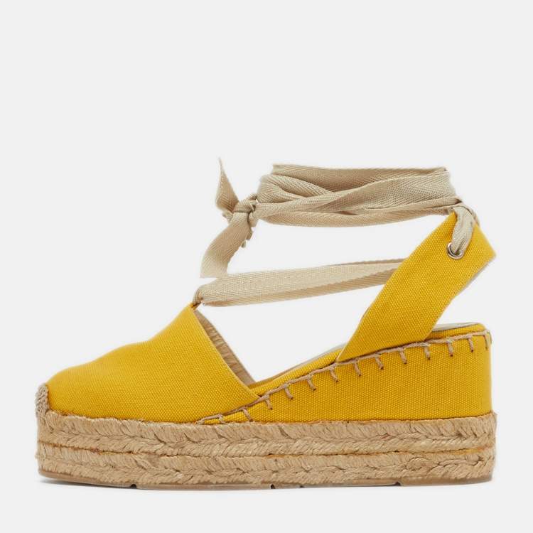 Pre Owned Ralph Lauren Collection Size 36.5 Yellow Canvas Wedge Sandals