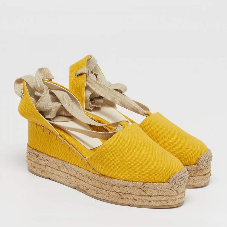 Pre Owned Ralph Lauren Collection Size 36.5 Yellow Canvas Wedge Sandals