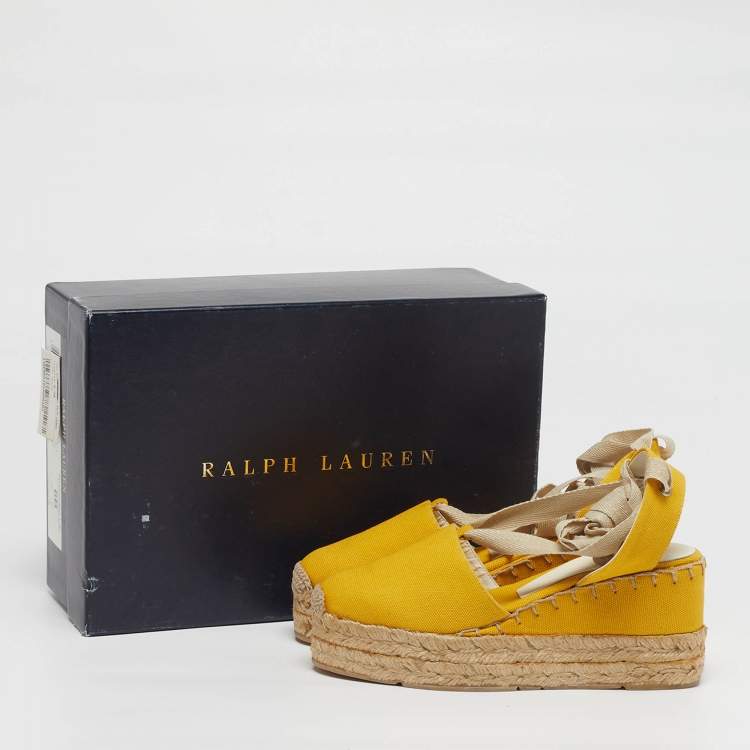 Pre Owned Ralph Lauren Collection Size 36.5 Yellow Canvas Wedge Sandals