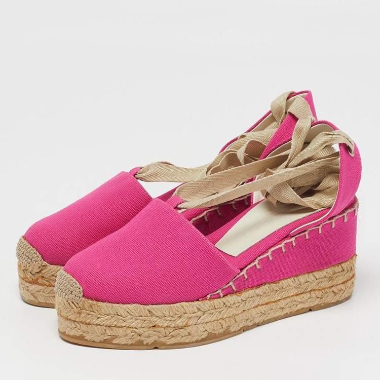 Pre Owned Ralph Lauren Collection Size 36 Pink Canvas Wedge Pumps