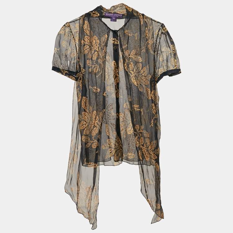Pre Owned Ralph Lauren Collection Navy Blue/Gold Print Silk Ruffled Sheer Shirt M