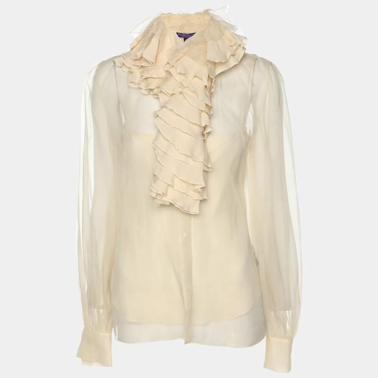 Pre Owned Ralph Lauren Collection Beige Chiffon Ruffled Trim Tops S