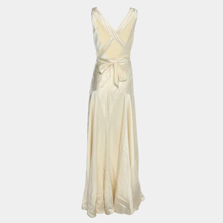 Pre Owned Ralph Lauren Collection Cream Silk Wrap V-Neck Maxi Dress M