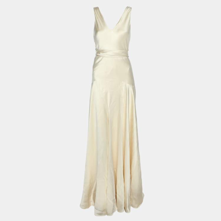 Pre Owned Ralph Lauren Collection Cream Silk Wrap V-Neck Maxi Dress M