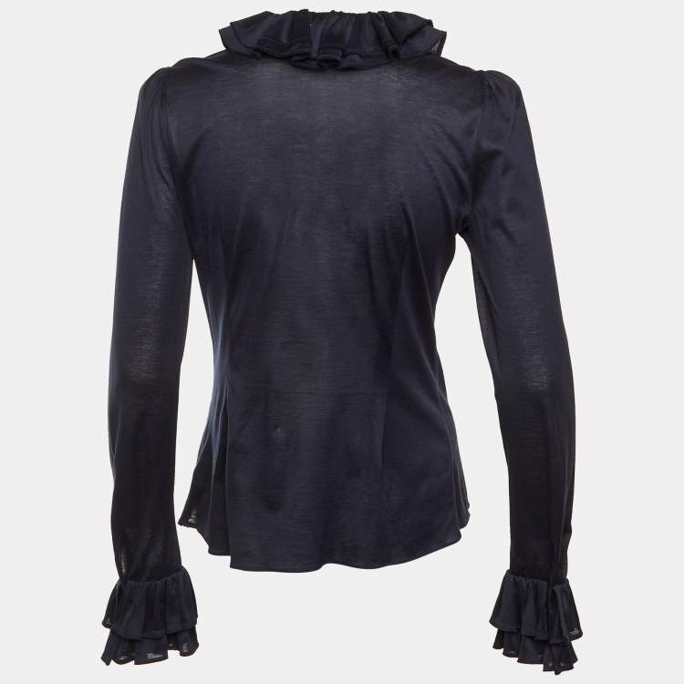 Pre Owned Ralph Lauren Collection Navy Blue Cotton Frill Detail Sheer Blouse M