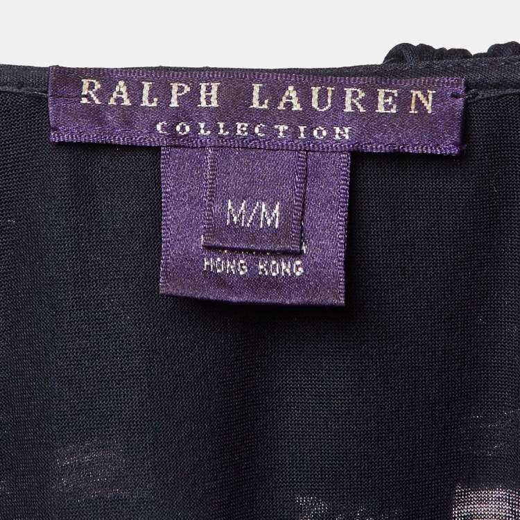 Pre Owned Ralph Lauren Collection Navy Blue Cotton Frill Detail Sheer Blouse M