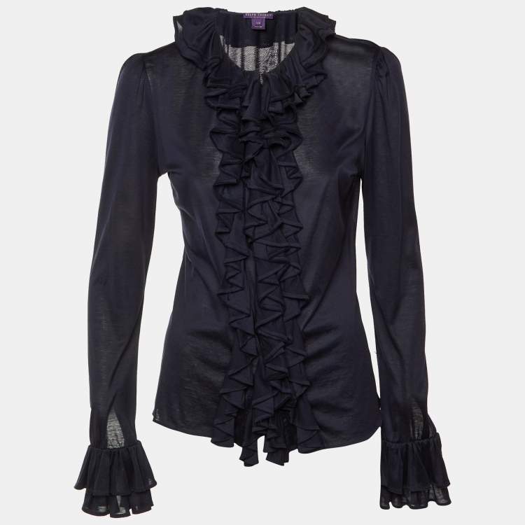 Pre Owned Ralph Lauren Collection Navy Blue Cotton Frill Detail Sheer Blouse M