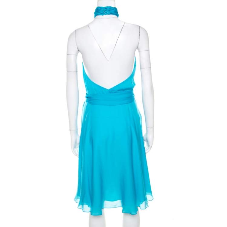 Pre Owned Ralph Lauren Collection Sky Blue Silk Ruffled Blackless Halter Dress M