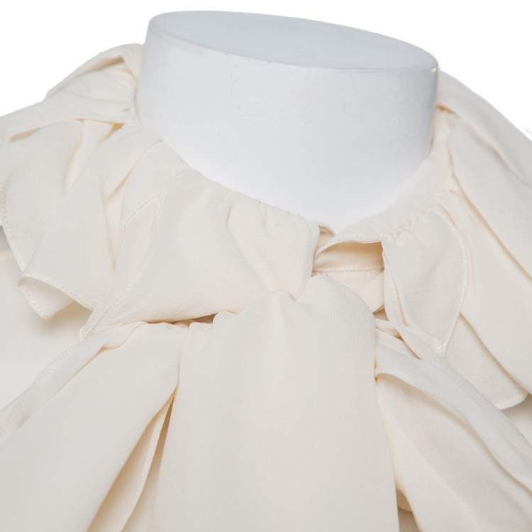 Pre Owned Ralph Lauren Collection Beige Silk Ruffed Belted Neck Detail Shirt S