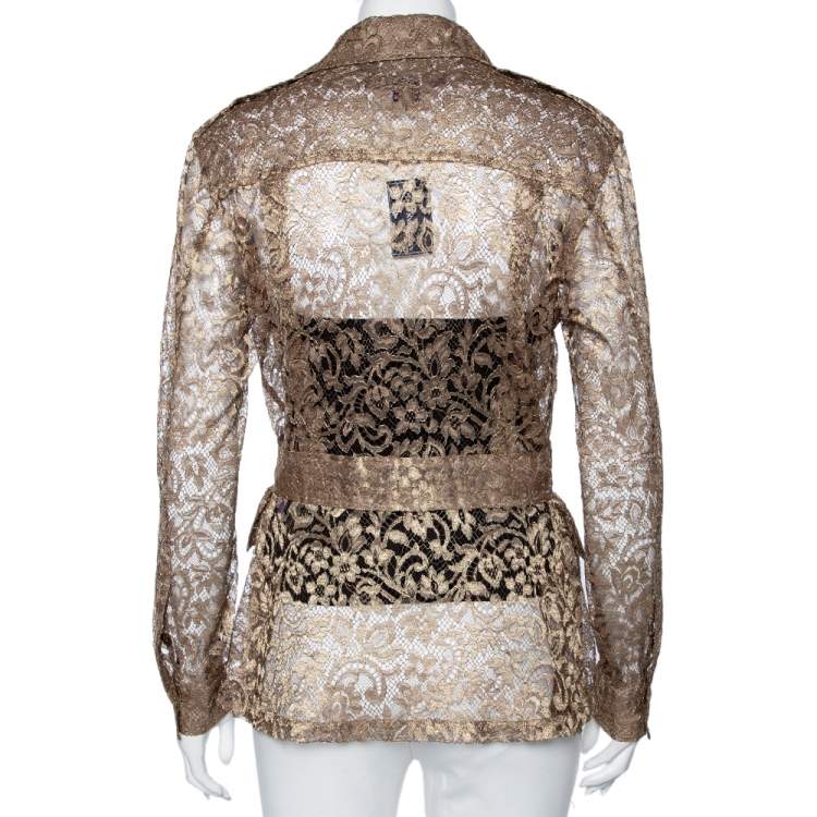 Pre Owned Ralph Lauren Gold Lace Long Sleeve Button Front Belted Jacket M