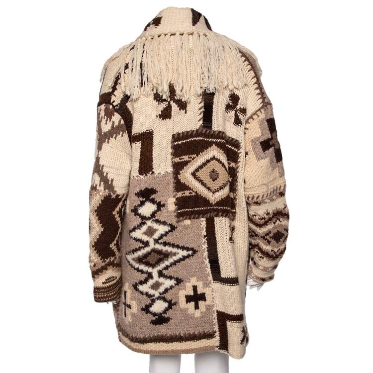 Pre Owned Ralph Lauren Beige Southwestern Patchwork Wool & Cashmere Hand Knit Cardigan L