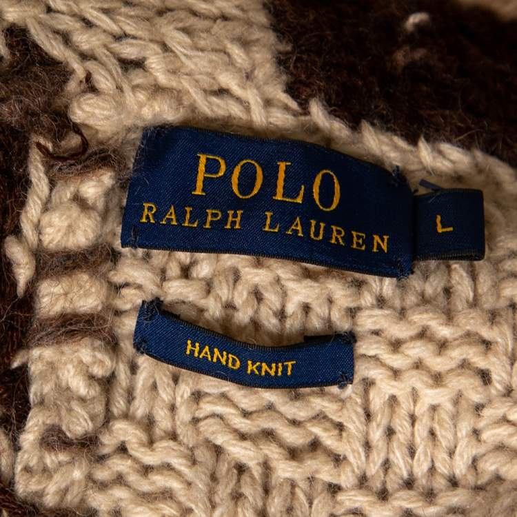Pre Owned Ralph Lauren Beige Southwestern Patchwork Wool & Cashmere Hand Knit Cardigan L