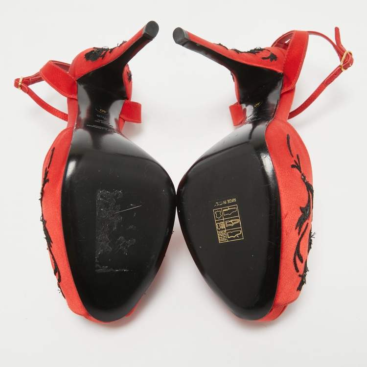 Pre Owned Ralph Lauren Collection Red/Black Embroidered Satin Platform Sandals Size 40