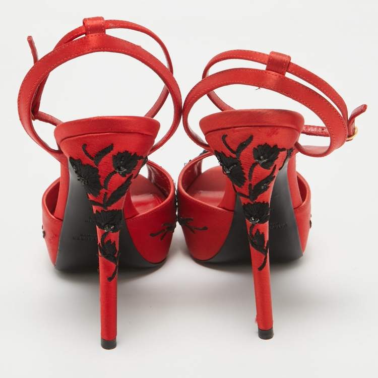 Pre Owned Ralph Lauren Collection Red/Black Embroidered Satin Platform Sandals Size 40