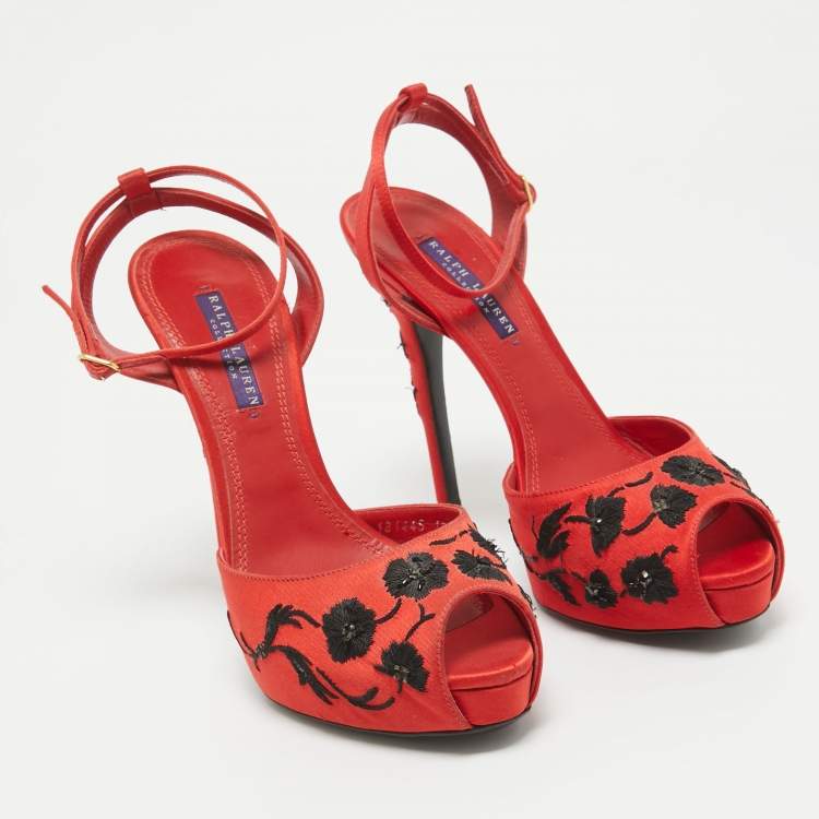 Pre Owned Ralph Lauren Collection Red/Black Embroidered Satin Platform Sandals Size 40
