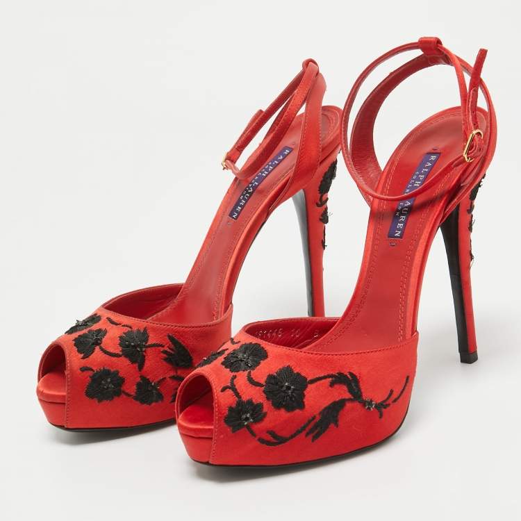 Pre Owned Ralph Lauren Collection Red/Black Embroidered Satin Platform Sandals Size 40