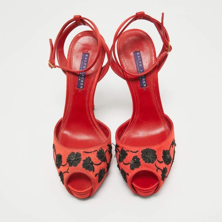 Pre Owned Ralph Lauren Collection Red/Black Embroidered Satin Platform Sandals Size 40