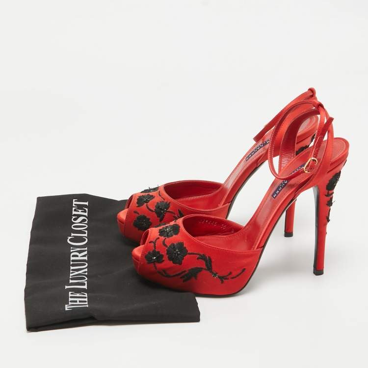 Pre Owned Ralph Lauren Collection Red/Black Embroidered Satin Platform Sandals Size 40