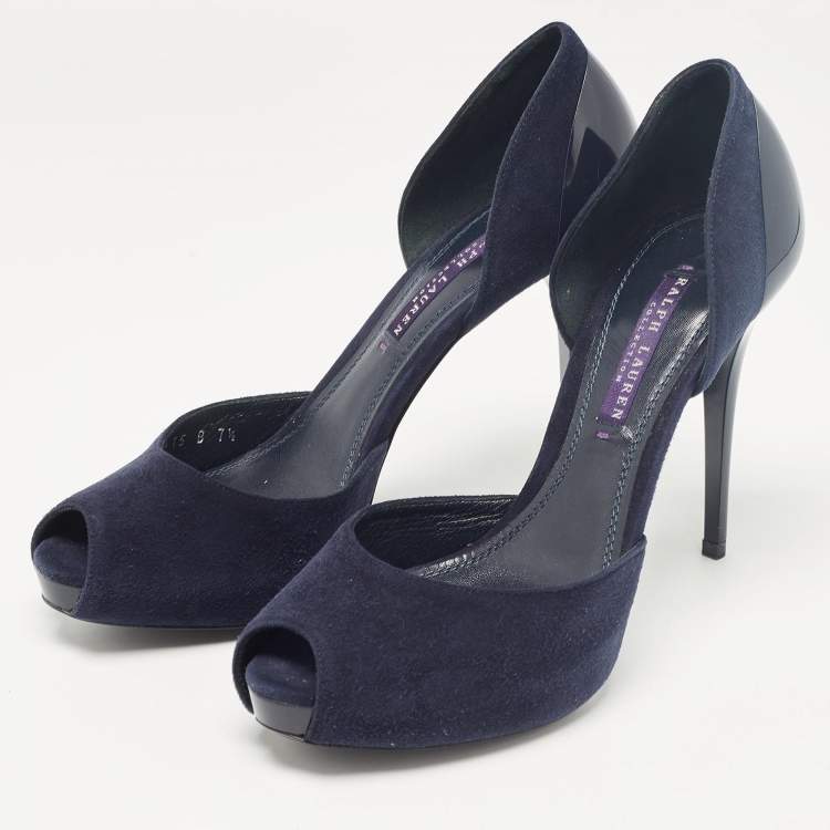 Pre Owned Ralph Lauren Collection Navy Blue Suede Peep Toe D'orsay Pumps Size 37.5