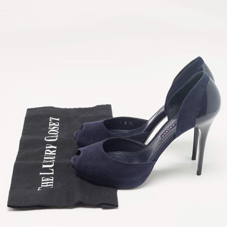 Pre Owned Ralph Lauren Collection Navy Blue Suede Peep Toe D'orsay Pumps Size 37.5