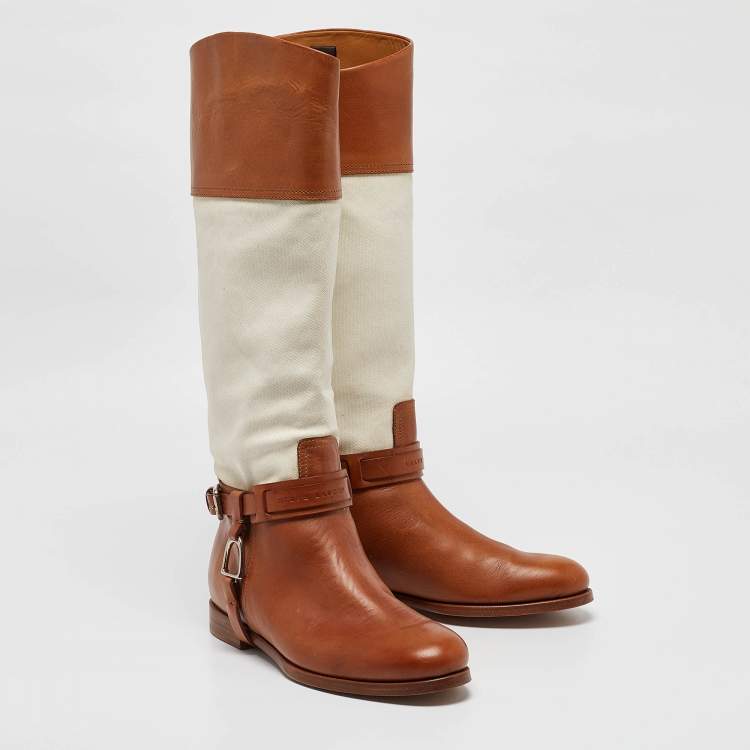 Pre Owned Ralph Lauren Tan/White Canvas and Leather Riding Knee Length Boots Size 38