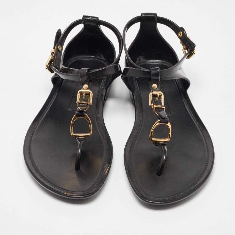 Pre Owned Ralph Lauren Black Jelly Karly T-Strap Flat Sandals Size 38.5