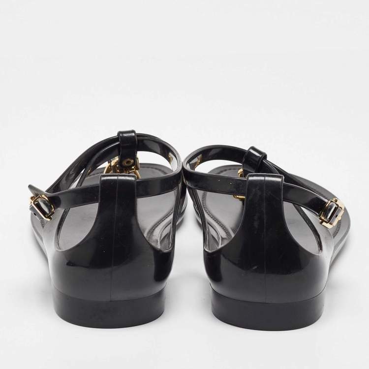 Pre Owned Ralph Lauren Black Jelly Karly T-Strap Flat Sandals Size 38.5