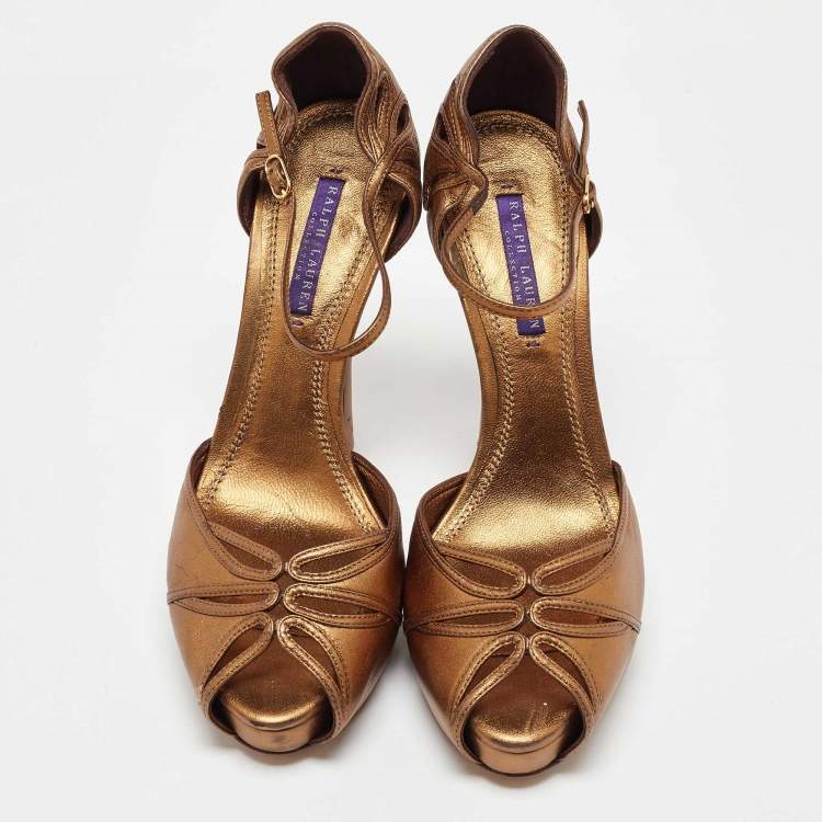 Pre Owned Ralph Lauren Collection Gold Leather Platform Ankle Strap Sandals Size 40